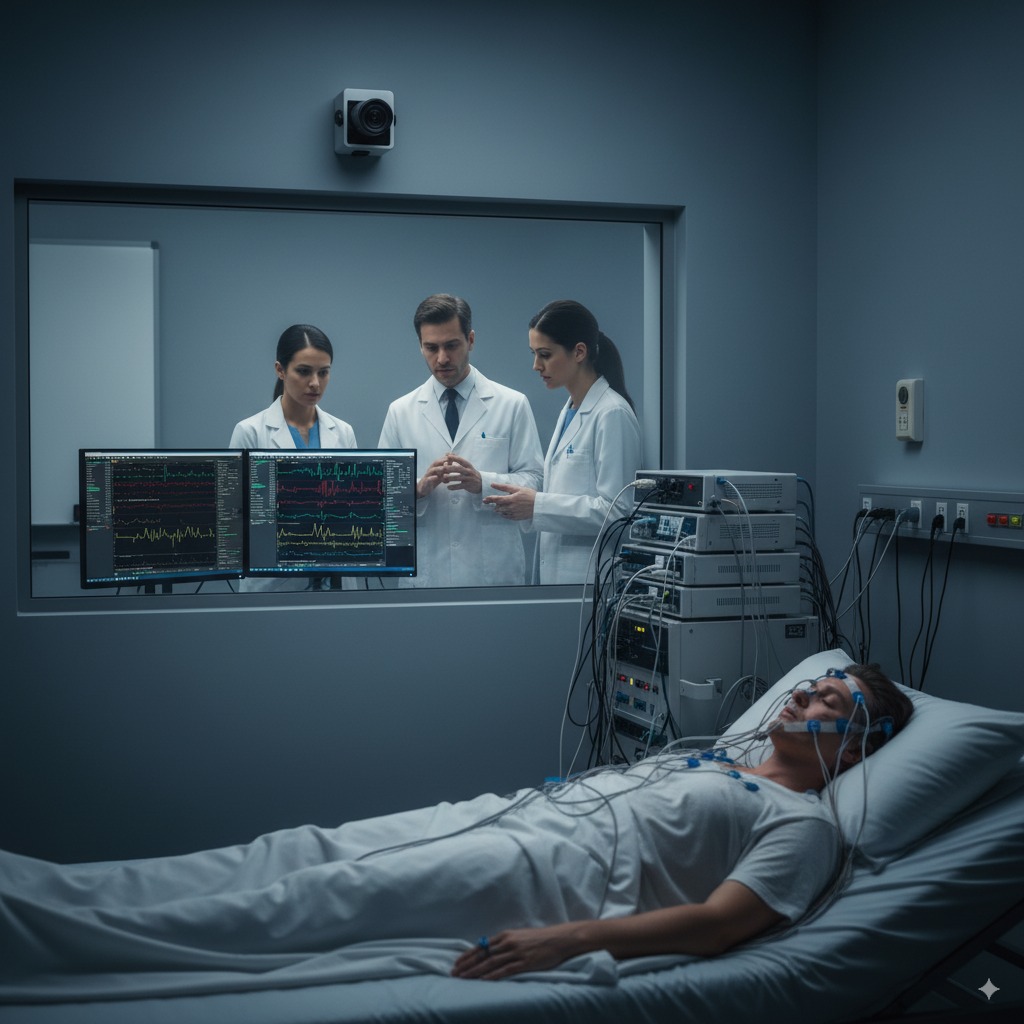 A patient in a sleep lab with multiple sensors attached for a polysomnography test