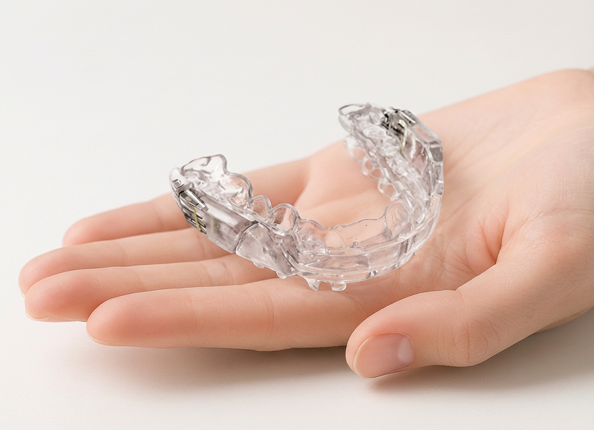 The DEEPdormir Dental Sleep Appliance shown in detail, highlighting its custom design and comfortable fit.