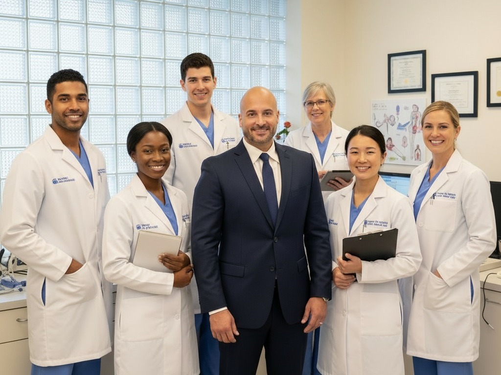 A doctor and a patient reviewing information together on a tablet.
