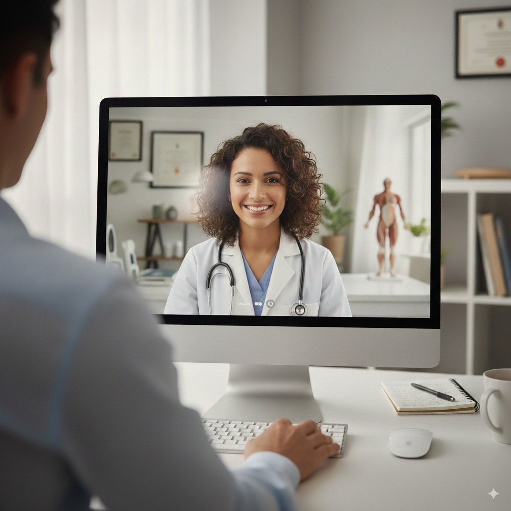 A friendly doctor providing a one-on-one telehealth consultation.